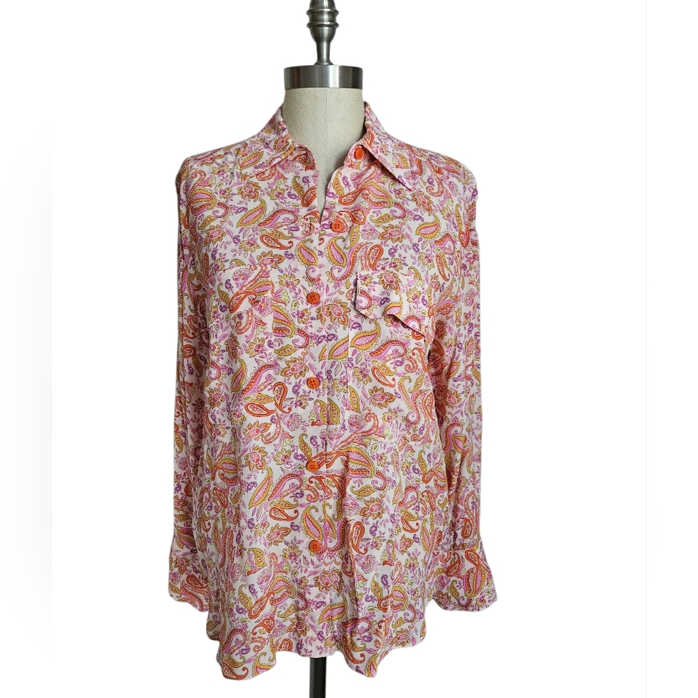 NWOT ZARA Orange & Pink Paisley Silky Button Down Blouse | SZ M - Picture 2 of 12